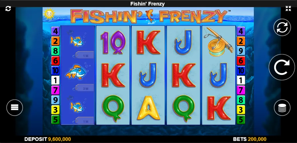 Slot screen showing a big fishing bonus win with fish symbols and coins flying.