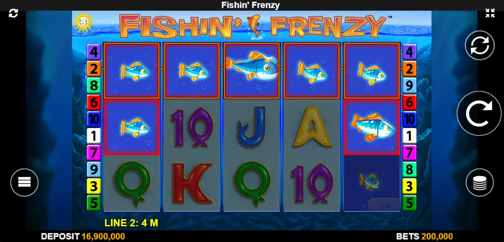 Main game screen with colorful fishing gear symbols, seagulls, and reel layout in Fishin' Frenzy.