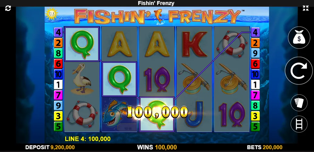 Free spins round active in Fishin' Frenzy with fisherman wild symbol and blue ocean background.